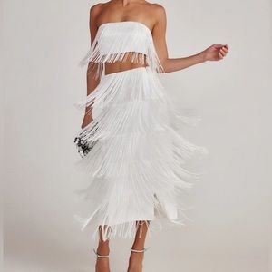 12th Tribe Gatsby White Fringe Strapless Top & Midi Skirt Set